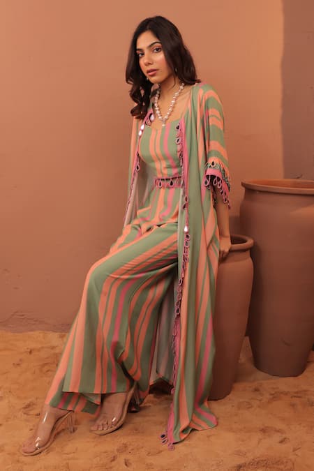 Shop_Surkh Syahi_Green Cotton, Muslin Pom-poms Square , Open Cassata Shrug Co-ord Set _Online_at_Aza_Fashions