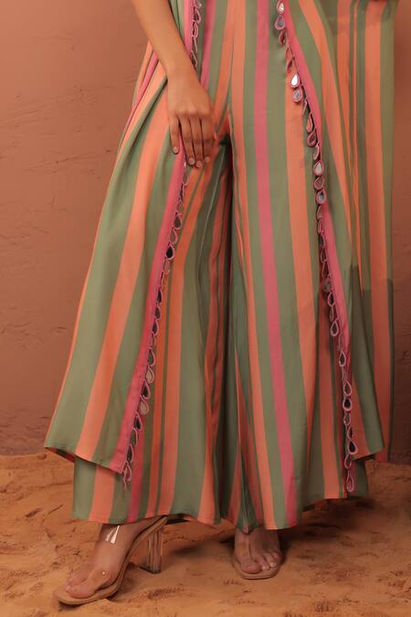 Surkh Syahi_Green Cotton, Muslin Pom-poms Square , Open Cassata Shrug Co-ord Set _at_Aza_Fashions