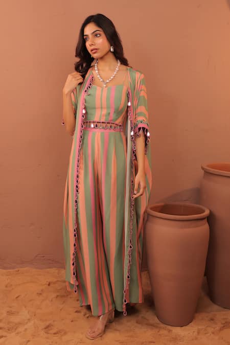 Shop_Surkh Syahi_Green Cotton, Muslin Pom-poms Square , Open Cassata Shrug Co-ord Set _at_Aza_Fashions