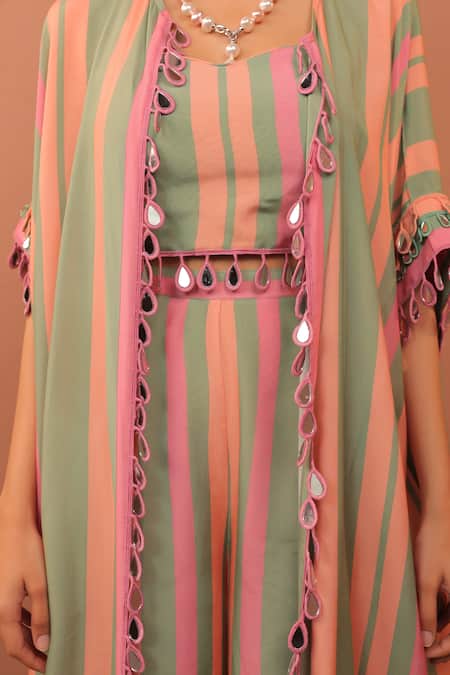 Buy_Surkh Syahi_Green Cotton, Muslin Pom-poms Square , Open Cassata Shrug Co-ord Set 