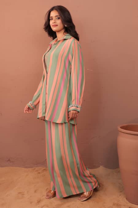 Surkh Syahi_Multi Color Cotton, Muslin Collared Striped Cassata Shirt Co-ord Set _Online_at_Aza_Fashions