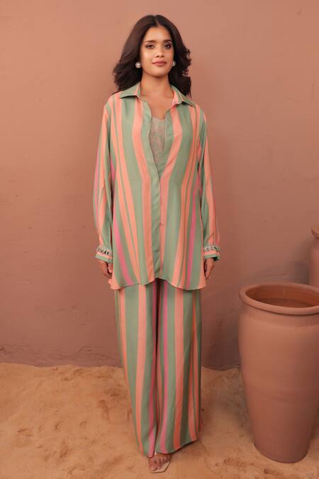 Buy_Surkh Syahi_Multi Color Cotton, Muslin Collared Striped Cassata Shirt Co-ord Set _Online_at_Aza_Fashions