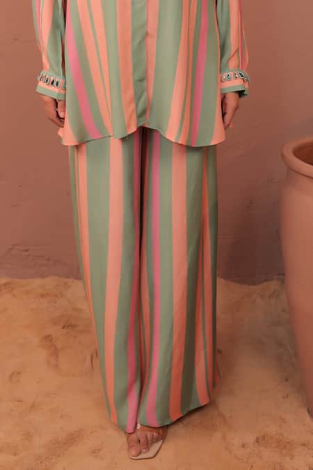 Shop_Surkh Syahi_Multi Color Cotton, Muslin Collared Striped Cassata Shirt Co-ord Set _Online_at_Aza_Fashions