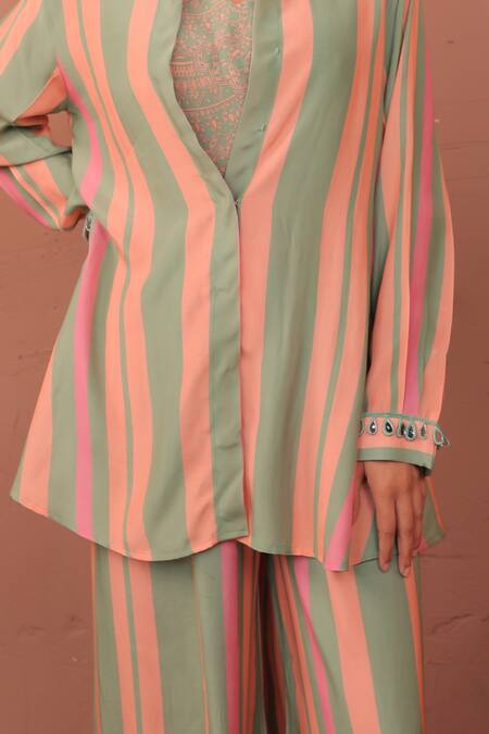 Surkh Syahi_Multi Color Cotton, Muslin Collared Striped Cassata Shirt Co-ord Set _at_Aza_Fashions