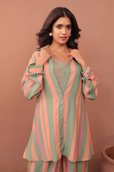 Buy_Surkh Syahi_Multi Color Cotton, Muslin Collared Striped Cassata Shirt Co-ord Set 