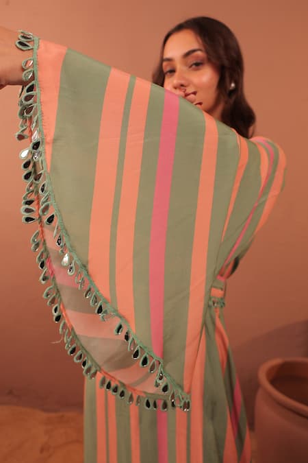 Buy Surkh Syahi Green Cotton One Shoulder Striped Maxi Dress Online at Aza Fashions Buy_Surkh Syahi_Green Cotton One Shoulder Striped Maxi Dress _Online_at_Aza_Fashions