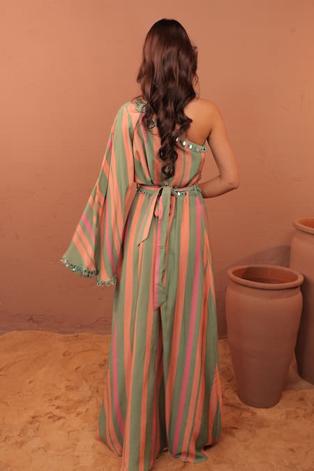 Surkh Syahi Striped One Shoulder Maxi Dress 