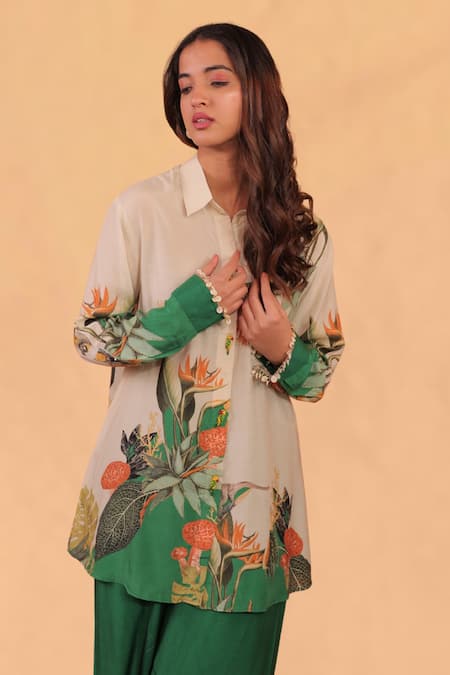 Shop_Surkh Syahi_Off White Cotton, Muslin Sequins Collared Kokum Shirt Tunic And Palazzo Co-ord Set _Online_at_Aza_Fashions