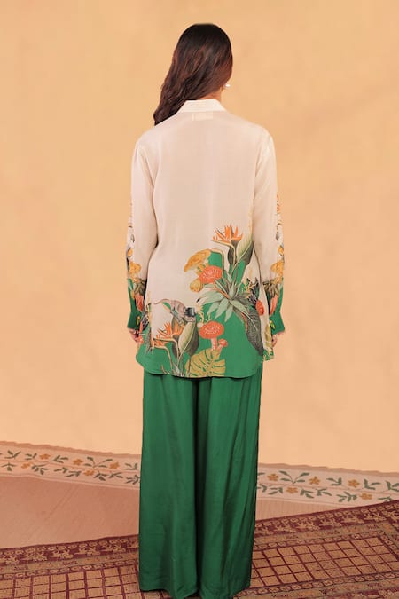 Shop_Surkh Syahi_Off White Cotton, Muslin Sequins Collared Kokum Shirt Tunic And Palazzo Co-ord Set _at_Aza_Fashions