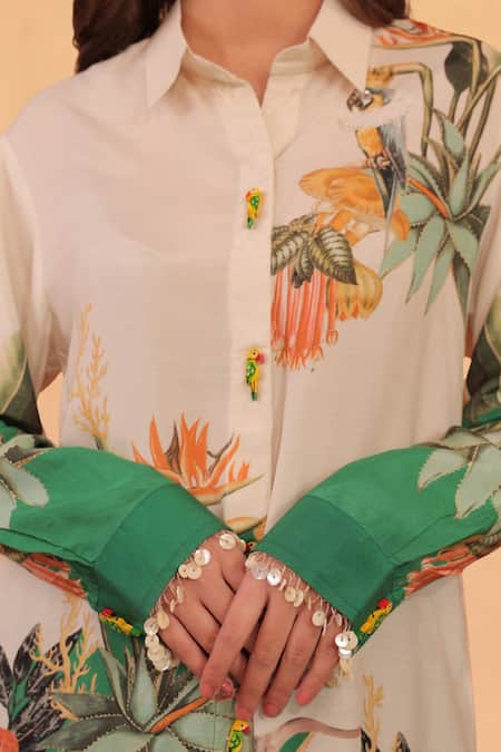 Buy_Surkh Syahi_Off White Cotton, Muslin Sequins Collared Kokum Shirt Tunic And Palazzo Co-ord Set 