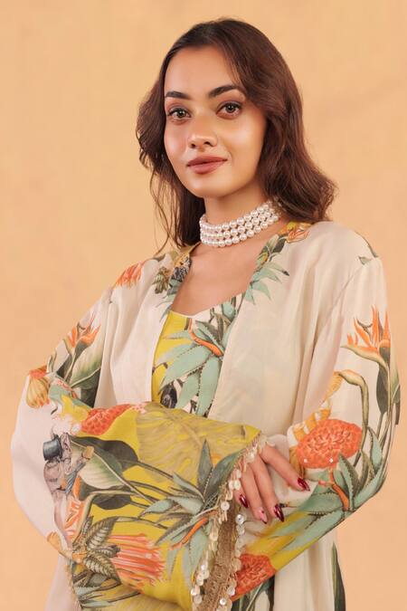 Buy_Surkh Syahi_Off White Cotton, Muslin V-, Round Kokum Asymmetric Tunic Co-ord Set _Online_at_Aza_Fashions