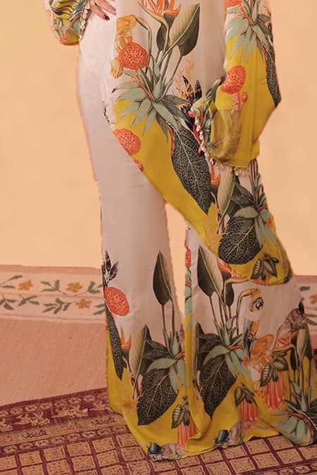 Shop_Surkh Syahi_Off White Cotton, Muslin V-, Round Kokum Asymmetric Tunic Co-ord Set _Online_at_Aza_Fashions