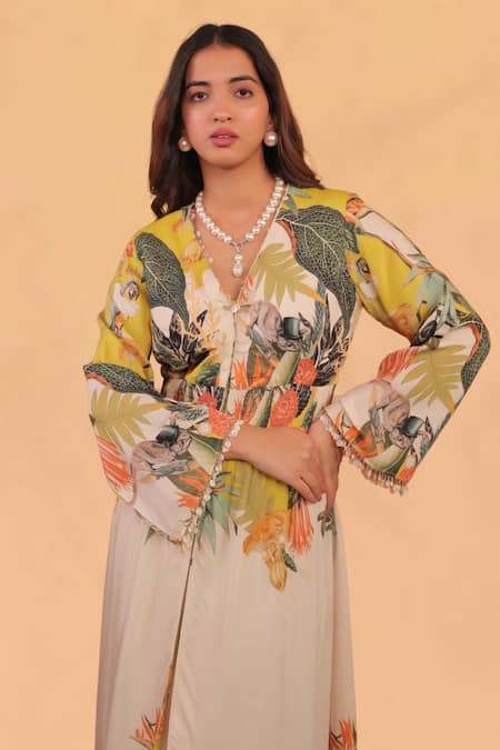 Surkh Syahi Off White Cotton, Muslin V-neck Kokum Slit Flared Dress With Matching Pants Online at Aza Fashions Surkh Syahi_Off White Cotton, Muslin V-neck Kokum Slit Flared Dress With Matching Pants _Online_at_Aza_Fashions