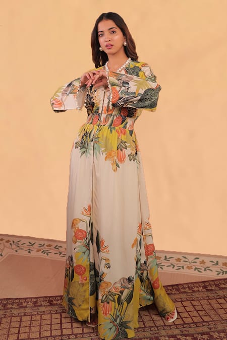 Shop Surkh Syahi Off White Cotton, Muslin V-neck Kokum Slit Flared Dress With Matching Pants at Aza Fashions Shop_Surkh Syahi_Off White Cotton, Muslin V-neck Kokum Slit Flared Dress With Matching Pants _at_Aza_Fashions