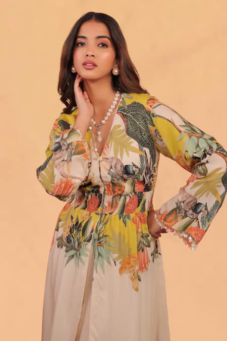 Buy Surkh Syahi Off White Cotton, Muslin V-neck Kokum Slit Flared Dress With Matching Pants Online at Aza Fashions Buy_Surkh Syahi_Off White Cotton, Muslin V-neck Kokum Slit Flared Dress With Matching Pants _Online_at_Aza_Fashions