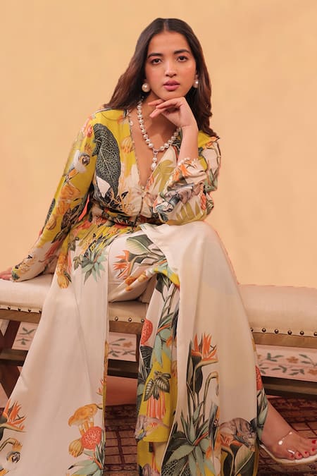 Shop Surkh Syahi Off White Cotton, Muslin V-neck Kokum Slit Flared Dress With Matching Pants Online at Aza Fashions Shop_Surkh Syahi_Off White Cotton, Muslin V-neck Kokum Slit Flared Dress With Matching Pants _Online_at_Aza_Fashions