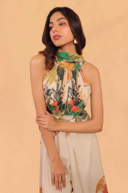 Surkh Syahi_Off White Cotton, Muslin Halter Neck Kokum Floral Print Jumpsuit _Online_at_Aza_Fashions