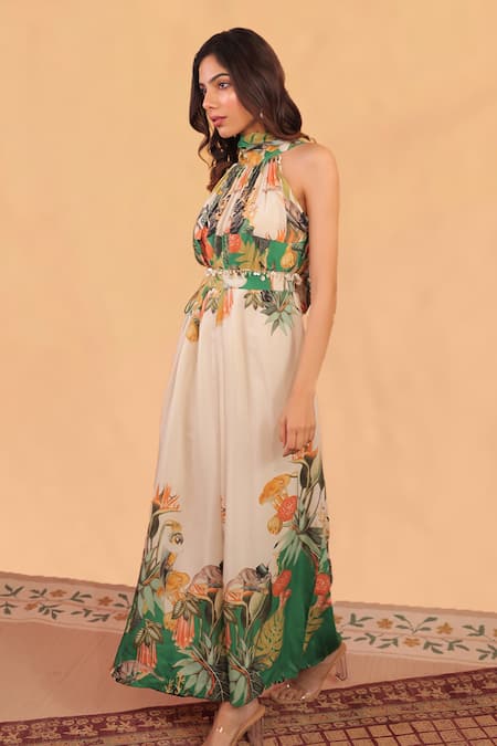 Buy_Surkh Syahi_Off White Cotton, Muslin Halter Neck Kokum Floral Print Jumpsuit _Online_at_Aza_Fashions