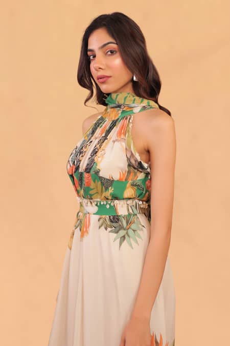 Shop_Surkh Syahi_Off White Cotton, Muslin Halter Neck Kokum Floral Print Jumpsuit _Online_at_Aza_Fashions