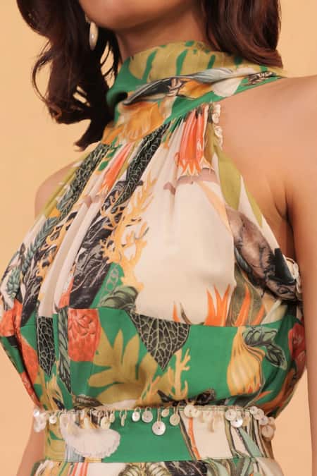 Surkh Syahi_Off White Cotton, Muslin Halter Neck Kokum Floral Print Jumpsuit _at_Aza_Fashions