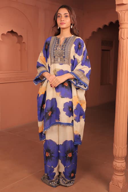 Shop_Surkh Syahi_Beige Linen Embroidery Round Neck Pankhudi Floral Kaftan Set _Online_at_Aza_Fashions