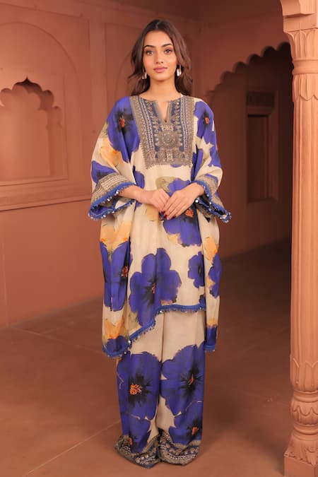 Surkh Syahi_Beige Linen Embroidery Round Neck Pankhudi Floral Kaftan Set _at_Aza_Fashions