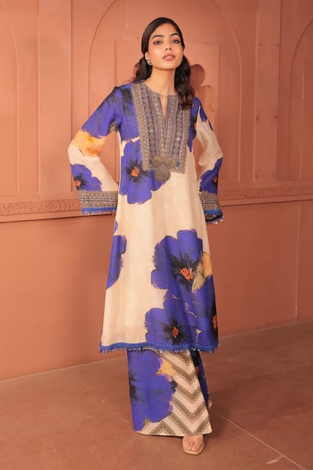 Buy_Surkh Syahi_Beige Linen Embroidery Round Neck Pankhudi Kurta Set _Online_at_Aza_Fashions