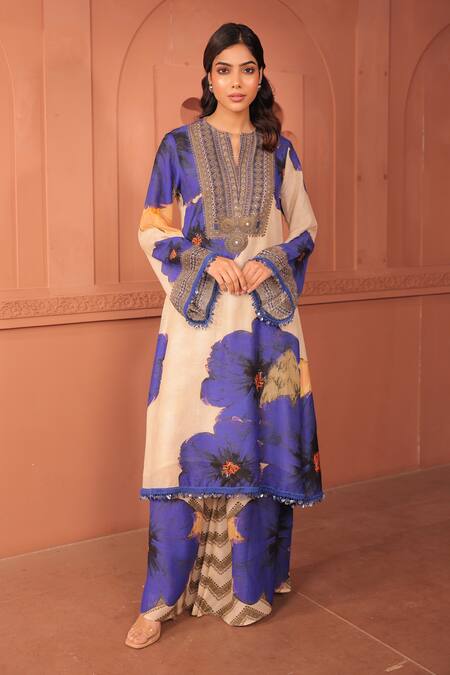 Shop_Surkh Syahi_Beige Linen Embroidery Round Neck Pankhudi Kurta Set _Online_at_Aza_Fashions