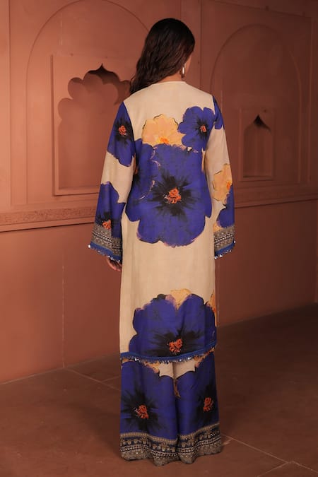 Shop_Surkh Syahi_Blue Linen Embroidery, Pom-poms Split V-neck Pankhudi Printed Kurta Set _at_Aza_Fashions