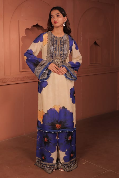 Buy_Surkh Syahi_Blue Linen Embroidery, Pom-poms Split V-neck Pankhudi Printed Kurta Set _Online_at_Aza_Fashions