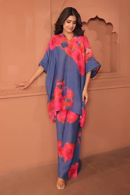 Buy_Surkh Syahi_Blue Linen Round Neck Pankhudi Floral Kaftan Set _Online_at_Aza_Fashions