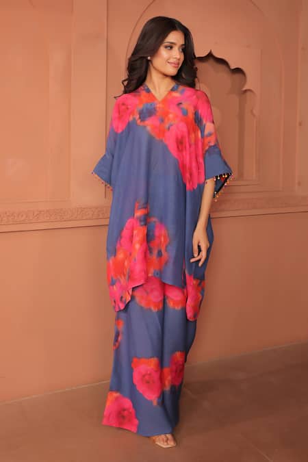 Shop_Surkh Syahi_Blue Linen Round Neck Pankhudi Floral Kaftan Set _Online_at_Aza_Fashions