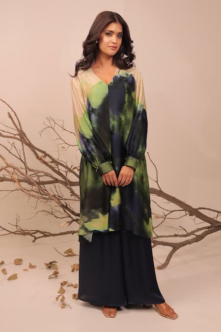 Buy_Surkh Syahi_Cream Cotton, Silk Embroidery Jheel Printed Tunic Set _Online_at_Aza_Fashions
