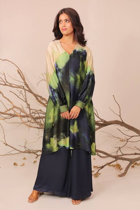 Shop_Surkh Syahi_Cream Cotton, Silk Embroidery Jheel Printed Tunic Set _Online_at_Aza_Fashions