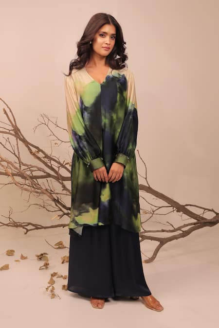 Surkh Syahi_Green Cotton, Silk Round Neck Jheel A-line Tunic Set _Online_at_Aza_Fashions