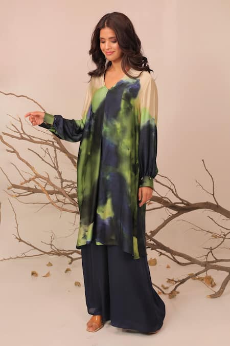 Buy_Surkh Syahi_Green Cotton, Silk Round Neck Jheel A-line Tunic Set _Online_at_Aza_Fashions