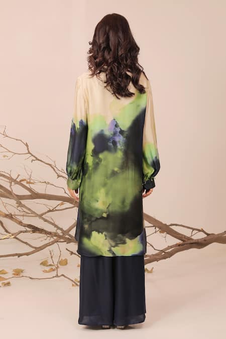 Shop_Surkh Syahi_Green Cotton, Silk Round Neck Jheel A-line Tunic Set _at_Aza_Fashions