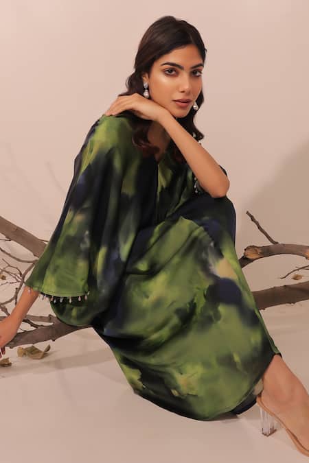 Surkh Syahi_Multi Color Cotton, Silk V-neck Jheel Kaftan Dress _Online_at_Aza_Fashions