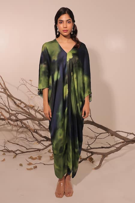 Buy_Surkh Syahi_Multi Color Cotton, Silk V-neck Jheel Kaftan Dress _Online_at_Aza_Fashions