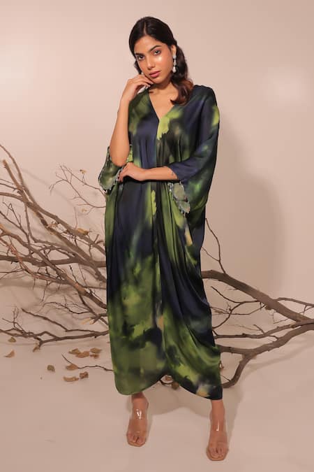 Shop_Surkh Syahi_Multi Color Cotton, Silk V-neck Jheel Kaftan Dress _Online_at_Aza_Fashions