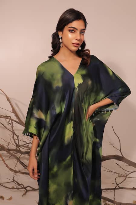 Surkh Syahi_Multi Color Cotton, Silk V-neck Jheel Kaftan Dress _at_Aza_Fashions