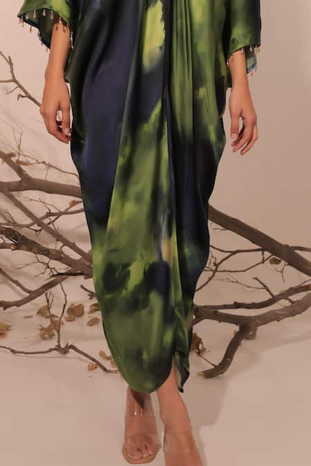 Buy_Surkh Syahi_Multi Color Cotton, Silk V-neck Jheel Kaftan Dress 