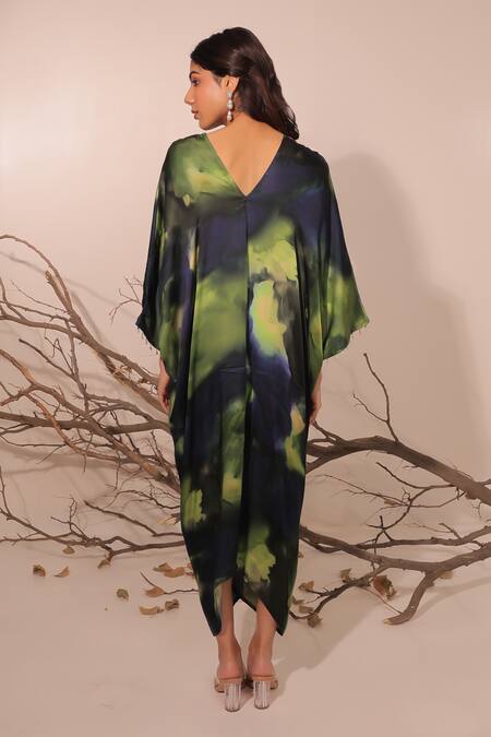 Shop_Surkh Syahi_Multi Color Cotton, Silk V-neck Jheel Kaftan Dress _at_Aza_Fashions