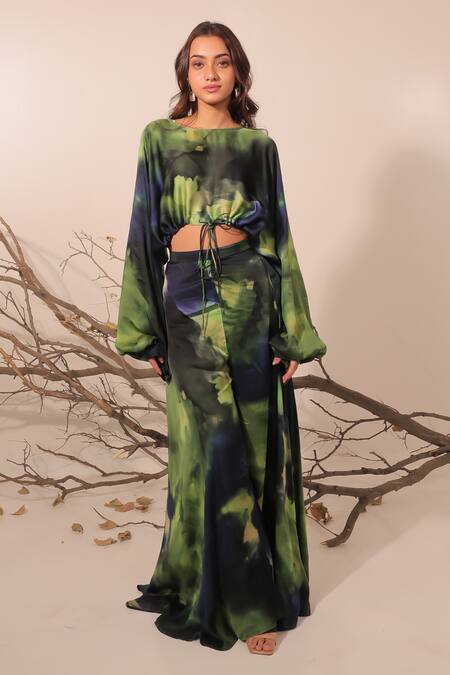 Shop Surkh Syahi Green Cotton, Silk Round Neck Jheel Slouch Crop Top And Flared Pants Set Online at Aza Fashions Shop_Surkh Syahi_Green Cotton, Silk Round Neck Jheel Slouch Crop Top And Flared Pants Set _Online_at_Aza_Fashions