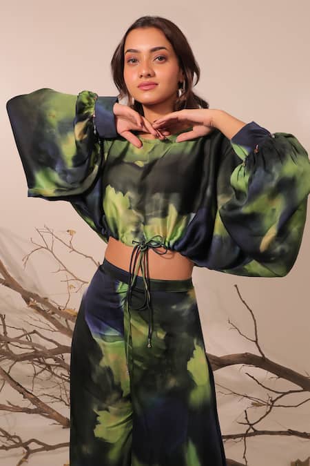 Surkh Syahi Green Cotton, Silk Round Neck Jheel Slouch Crop Top And Flared Pants Set at Aza Fashions Surkh Syahi_Green Cotton, Silk Round Neck Jheel Slouch Crop Top And Flared Pants Set _at_Aza_Fashions