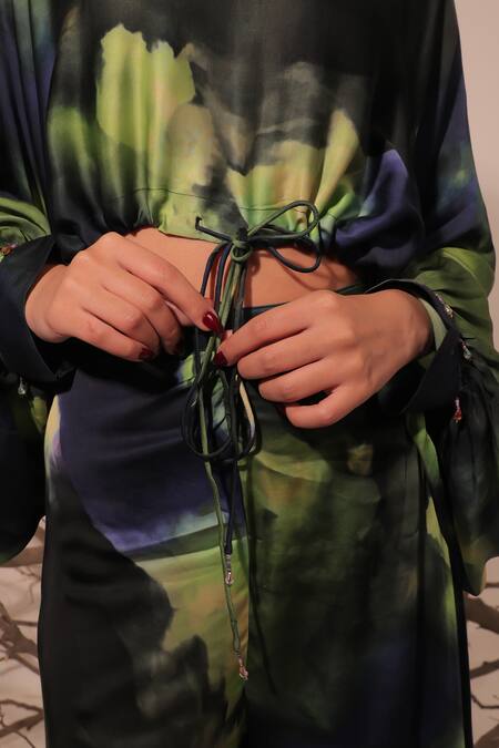 Buy Surkh Syahi Green Cotton, Silk Round Neck Jheel Slouch Crop Top And Flared Pants Set Buy_Surkh Syahi_Green Cotton, Silk Round Neck Jheel Slouch Crop Top And Flared Pants Set