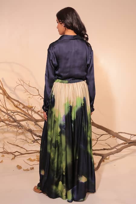 Shop_Surkh Syahi_Navy Cotton, Silk Collared Jheel Co-ord Set _at_Aza_Fashions