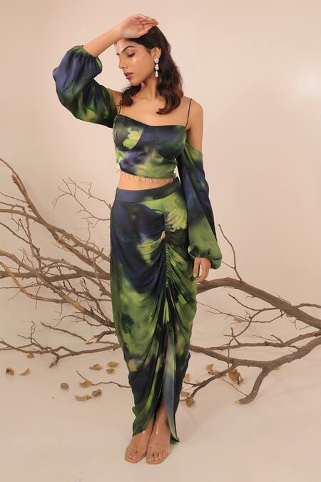 Surkh Syahi Multi Color Cotton, Silk Off-shoulder Jheel Ruched Skirt And Off Top Set Online at Aza Fashions Surkh Syahi_Multi Color Cotton, Silk Off-shoulder Jheel Ruched Skirt And Off Top Set _Online_at_Aza_Fashions
