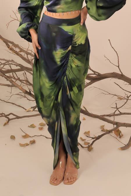 Surkh Syahi Multi Color Cotton, Silk Off-shoulder Jheel Ruched Skirt And Off Top Set at Aza Fashions Surkh Syahi_Multi Color Cotton, Silk Off-shoulder Jheel Ruched Skirt And Off Top Set _at_Aza_Fashions