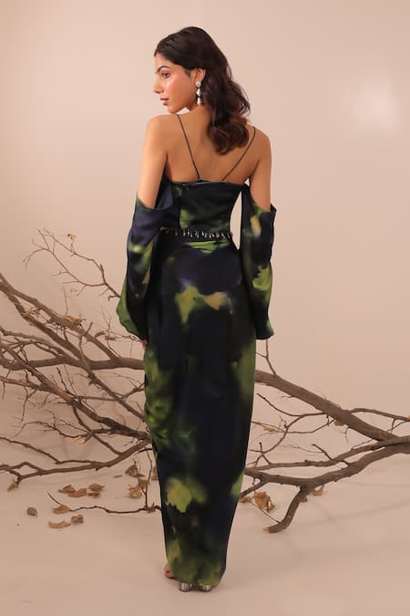 Shop Surkh Syahi Multi Color Cotton, Silk Off-shoulder Jheel Ruched Skirt And Off Top Set at Aza Fashions Shop_Surkh Syahi_Multi Color Cotton, Silk Off-shoulder Jheel Ruched Skirt And Off Top Set _at_Aza_Fashions